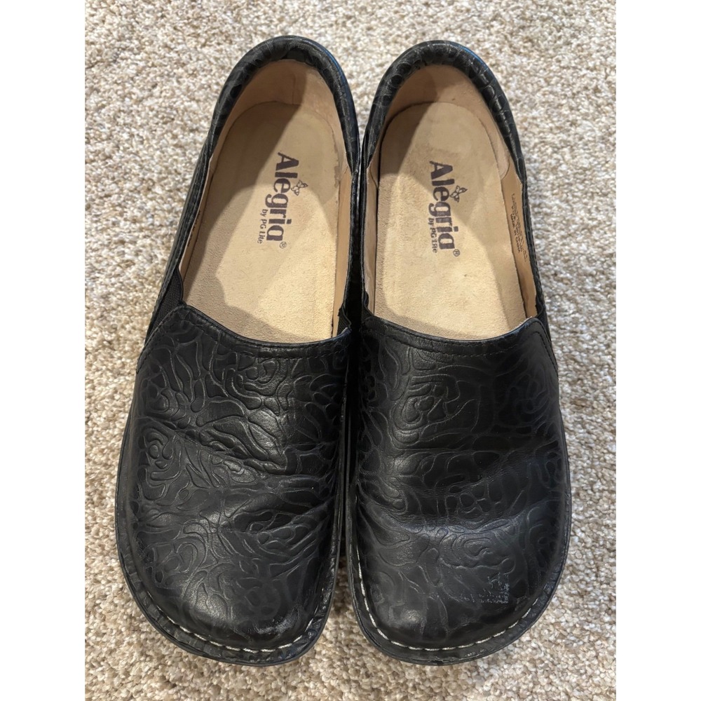 Alegria Debra Clog Mary Janes Womens US 10.5 EU 41 Black Embossed Rose Leather